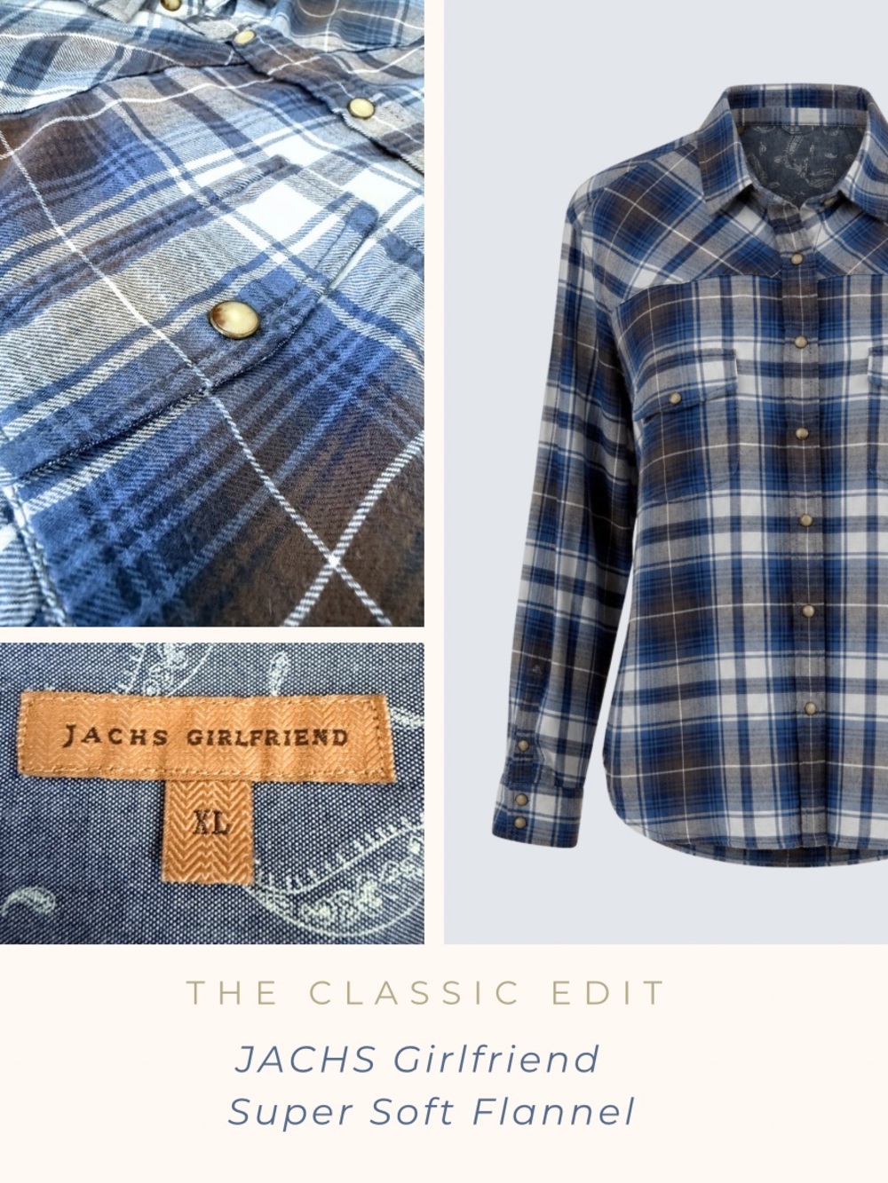 JACHS Girlfriend Blue Plaid Flannel Shirt XL | Western Pearl Snap Lightweight
